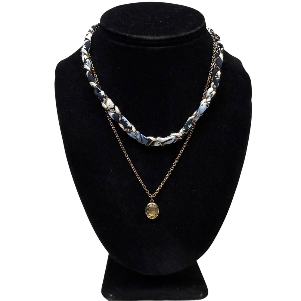 Braided Fabric Choker Chain Locket Charm Necklace Gold Tone Jewelry 8 in L